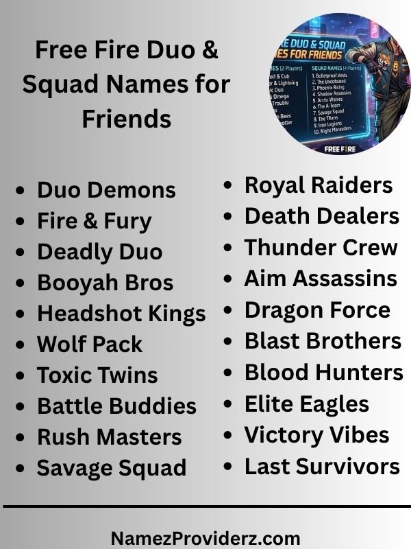 Free Fire Duo & Squad Names for Friends